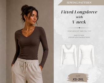Fitted V-Neck Long Sleeve Sewing Pattern, Standard Fit 168 cm (Instant Download)