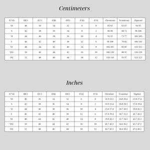 May include: A size chart with measurements in centimeters and inches. The chart includes sizes XS to 3XL, with corresponding chest, waist, and hip measurements in inches and centimeters. The text "Size chart" is at the top.