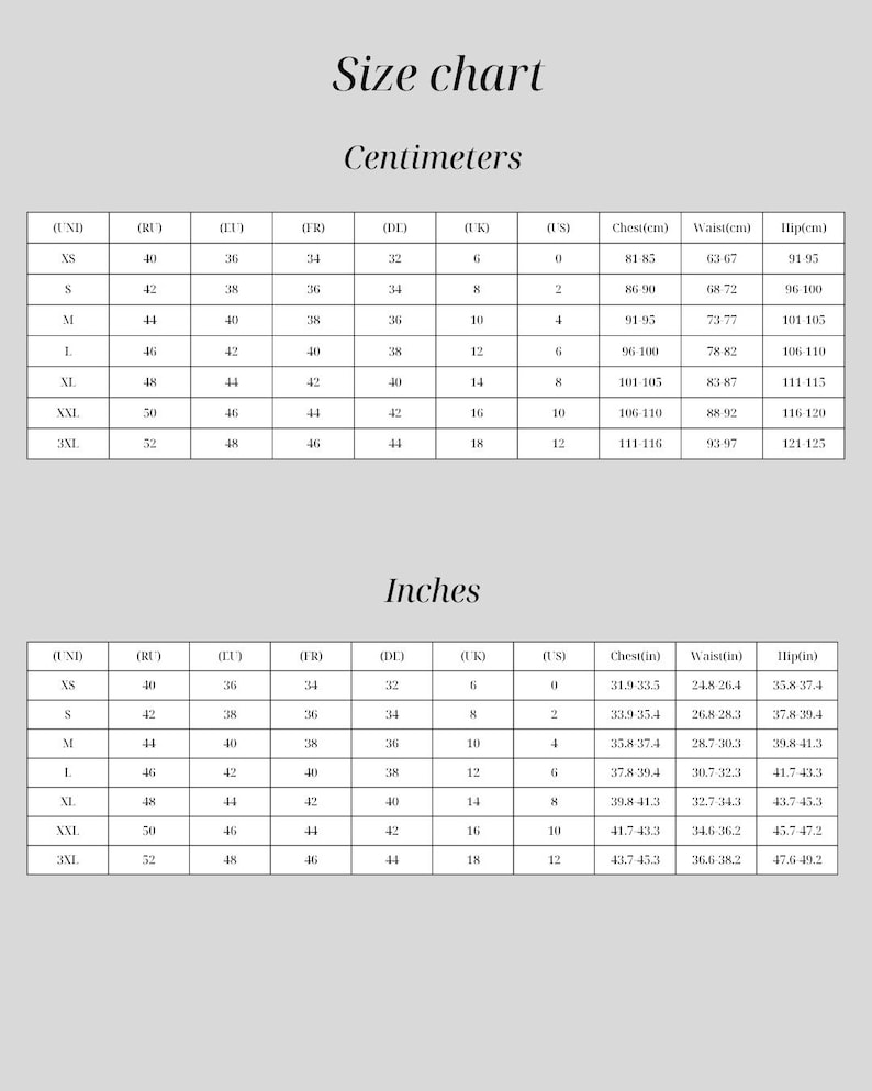 May include: A size chart with measurements in centimeters and inches. The chart includes sizes XS to 3XL, with corresponding chest, waist, and hip measurements in inches and centimeters. The text "Size chart" is at the top.