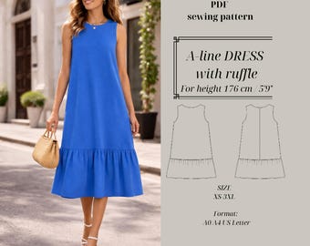 Summer A-Line Dress PDF Pattern – Ruffle Hem, Sizes XS-3XL (176 cm)