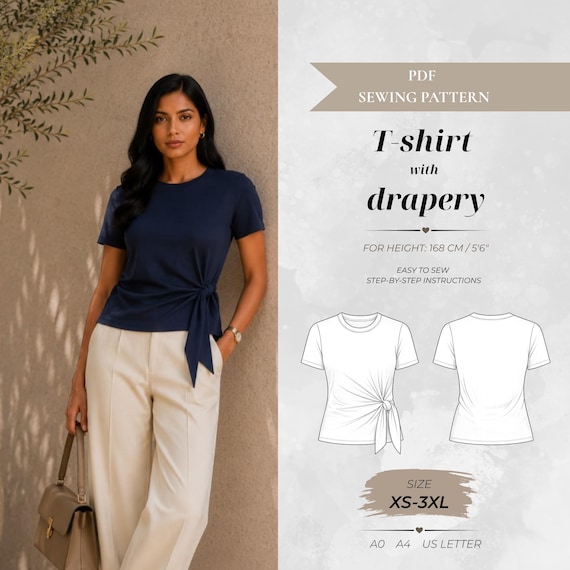 Trendy women's T-Shirt Pattern with Belt Drapery- XS-3XL - Instant Download - Simple Digital PDF