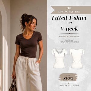 May include: A PDF sewing pattern for a fitted V-neck T-shirt. The design includes step-by-step instructions for sizes XS-3XL, suitable for a height of 5'6". The pattern features technical line drawings of the front and back of the garment.