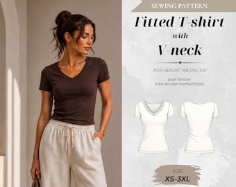 Fitted V-Neck Tshirt Sewing Pattern, Tall Fit 176 cm (Instant Download)