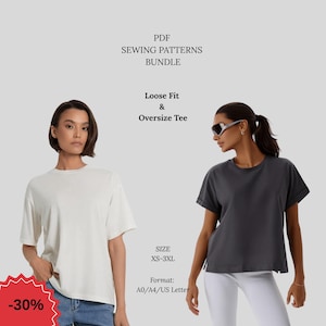 Könnte beinhalten: Bild eines PDF-Schnittmuster-Bundles mit locker sitzenden und übergroßen T-Shirts. Zwei Models tragen weiße und anthrazitfarbene T-Shirts. Text enthält "-30%", "GRÖSSE XS-3XL" und "Format: A0/A4/US Letter".