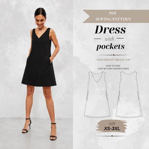 Mini Cocktail Dress Pattern, V-Neck with Pockets (PDF Pattern)
