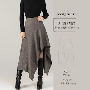 May include: A gray midi skirt sewing pattern with a unique asymmetrical hemline. The pattern includes sizes XS-3XL and is designed for a height of 160 cm. The image also shows a sketch of the skirt design.