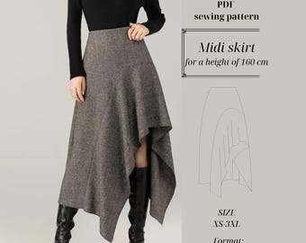 Asymmetrical Midi Skirt PDF Sewing Pattern for Petite 160 cm Height – Digital Download