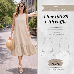 Peut inclure: Un patron de couture PDF pour une robe trapèze à volants, avec texte pour hauteur 168 cm/5'6", tailles XS-3XL, et formats A0, A4 et US Letter. L'image montre une robe beige sans manches avec un ourlet à volants et un chapeau de paille.