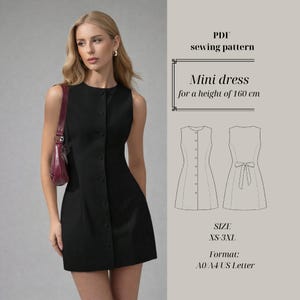 Puede incluir: Un minivestido negro sin mangas con botones en la parte delantera se muestra en una mujer. La imagen incluye un patrón de costura PDF con el texto "Mini vestido para una altura de 160 cm" y detalles de tallas.