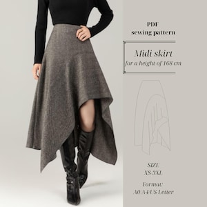 Puede incluir: Falda midi gris con dobladillo asimétrico. La imagen es un patrón de costura PDF para una falda, disponible en tallas XS a 3XL. El patrón está diseñado para una altura de 168 cm y está disponible en formatos A0, A4 y US Letter.