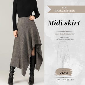 Asymmetrical Midi Skirt PDF Sewing Pattern for Petite 160 cm Height – Digital Download