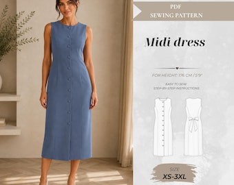 Women’s Sleeveless Button-Down Maxi Dress Sewing Pattern with Round Neck, Tall Fit 176 cm (Instant Download)