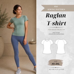 May include: A PDF sewing pattern for a raglan T-shirt, featuring text: PDF SEWING PATTERN, Raglan T-shirt, FOR HEIGHT: 176 CM/5'9", EASY TO SEW STEP-BY-STEP INSTRUCTIONS, SIZE XS-3XL, A0 A4 US LETTER. Includes a line drawing of the T-shirt front and back.