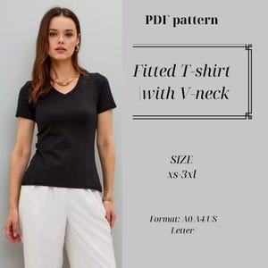 Fitted T-shirt pattern V-neck, Women&#39;s T-shirt with short sleeves. Suitable for plus size women. Digital sewing pattern. Beginner friendly