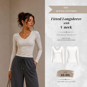 Fitted V-Neck Long Sleeve Sewing Pattern, Petite Fit 160 cm (Instant Download)