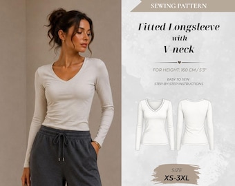 Fitted V-Neck Long Sleeve Sewing Pattern, Petite Fit 160 cm (Instant Download)
