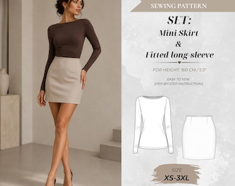 Women’s Two-Piece Set Sewing Pattern (Mini Pencil Skirt & Fitted Boatneck Top), Petite Fit 160 cm (Instant Download)