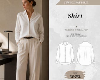 Women’s Classic Button-Up Shirt Sewing Pattern, Petite Fit 160 cm (Instant Download)