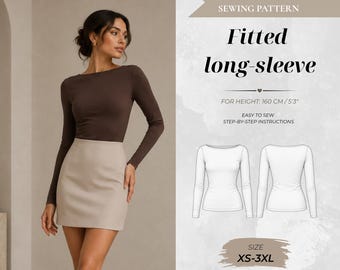 Women’s Fitted Boatneck Long Sleeve Top Sewing Pattern, Petite Fit 160 cm (Instant Download)