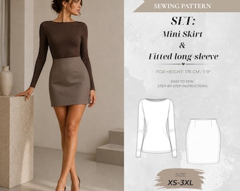 Women’s Two-Piece Set Sewing Pattern (Mini Pencil Skirt & Fitted Boatneck Top), Tall Fit 176 cm (Instant Download)