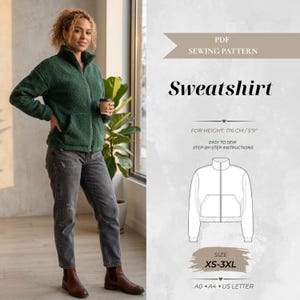 May include: A PDF sewing pattern for a zip-up sweatshirt with a high collar and front pockets. The document includes instructions for sizes XS-3XL, designed for a height of 5'9". The pattern is formatted for A0, A4, and US Letter paper sizes.