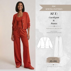 Pode incluir: Um molde de costura em PDF para um conjunto que inclui um cardigã e calças. O conjunto apresenta um cardigã cor de ferrugem com botões e calças largas a condizer. O texto inclui "PDF SEWING PATTERN", "SET: Cardigan & Pants", "FOR HEIGHT: 160 CM/5'3", "SIZE XS-3XL" e "A0 A4 US LETTER".