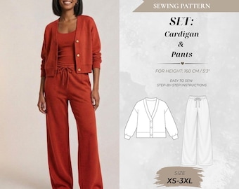 Knit Set Sewing Pattern: Cropped Button-Up Cardigan & High-Waisted Wide-Leg Pants, Petite Fit 160 cm (Instant Download)
