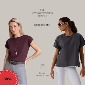May include: Image of a PDF sewing patterns bundle for a Basic Tee Duo. The image shows two women wearing different colored t-shirts. The text on the image says "-30%", "PDF SEWING PATTERNS BUNDLE", "BASIC TEE DUO", "SIZE XS-3XL", and "Format: A0/A4/US Letter".