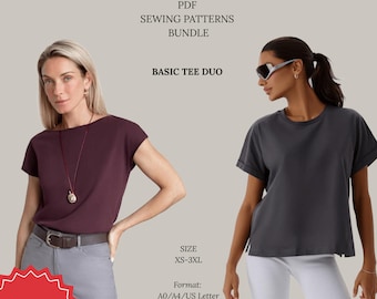 T-shirt Pattern BUNDLE 2 in 1 PDF Loose Fit Fitted Tee Beginner Sizes XS-3XL