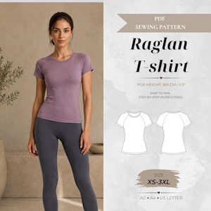 Puede incluir: Un patrón de costura en PDF para una camiseta raglán. La imagen muestra una camiseta raglán de manga corta color malva, dibujos técnicos de la parte delantera y trasera de la camiseta, y texto que incluye "Raglan T-shirt", "FOR HEIGHT: 160 CM/5'3"" y "SIZE XS-3XL".
