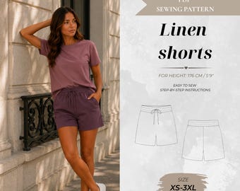 May include: A PDF sewing pattern for linen shorts featuring text that reads Linen shorts, for height 176 cm/5'9", easy to sew step-by-step instructions, size XS-3XL, and A0, A4, US letter. Includes a line drawing of shorts with a drawstring waistband.