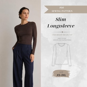 Op de afbeelding: Een PDF-naaipatroon voor een slim-fit shirt met lange mouwen. De tekst luidt: PDF SEWING PATTERN, Slim Longsleeve, FOR HEIGHT: 160 CM / 5'3", EASY TO SEW STEP-BY-STEP INSTRUCTIONS, SIZE XS-3XL. Inclusief een lijntekening van het shirt.