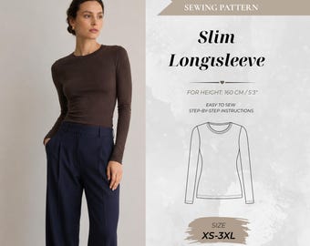 May include: A PDF sewing pattern for a slim long-sleeve shirt. The text reads: PDF SEWING PATTERN, Slim Longsleeve, FOR HEIGHT: 160 CM / 5'3", EASY TO SEW STEP-BY-STEP INSTRUCTIONS, SIZE XS-3XL. Includes a line drawing of a long-sleeve shirt.