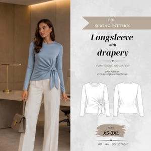 Puede incluir: Un patrón de costura en PDF para una blusa de manga larga con drapeado, que muestra una camisa azul claro con un nudo lateral, pantalones blancos y un bolso. El patrón incluye dibujos técnicos de línea del frente y la espalda, tallas XS-3XL e instrucciones para una altura de 160 cm.