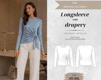 Draped Waist Longsleeve Sewing Pattern – Petite Fit 160 cm (Instant Download)