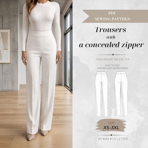 Puede incluir: Un patrón de costura en PDF para pantalones con cremallera oculta. La imagen muestra a una persona con pantalones blancos de cintura alta, un dibujo técnico de los pantalones y el texto: PDF SEWING PATTERN, Trousers with a concealed zipper, FOR HEIGHT: 160 CM/5'3", SIZE XS-3XL, A0 A4 US LETTER.