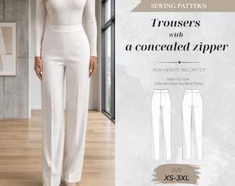 Women’s Tailored Trousers with Invisible Zipper Sewing Pattern, Petite Fit 160 cm (Instant Download)