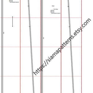 May include: A black and white line drawing of a T-shirt dress sewing pattern. The pattern includes the front, back, sleeve, and pocket pieces. The pattern includes measurements in centimetres and the website address https://siamapatterns.etsy.com.