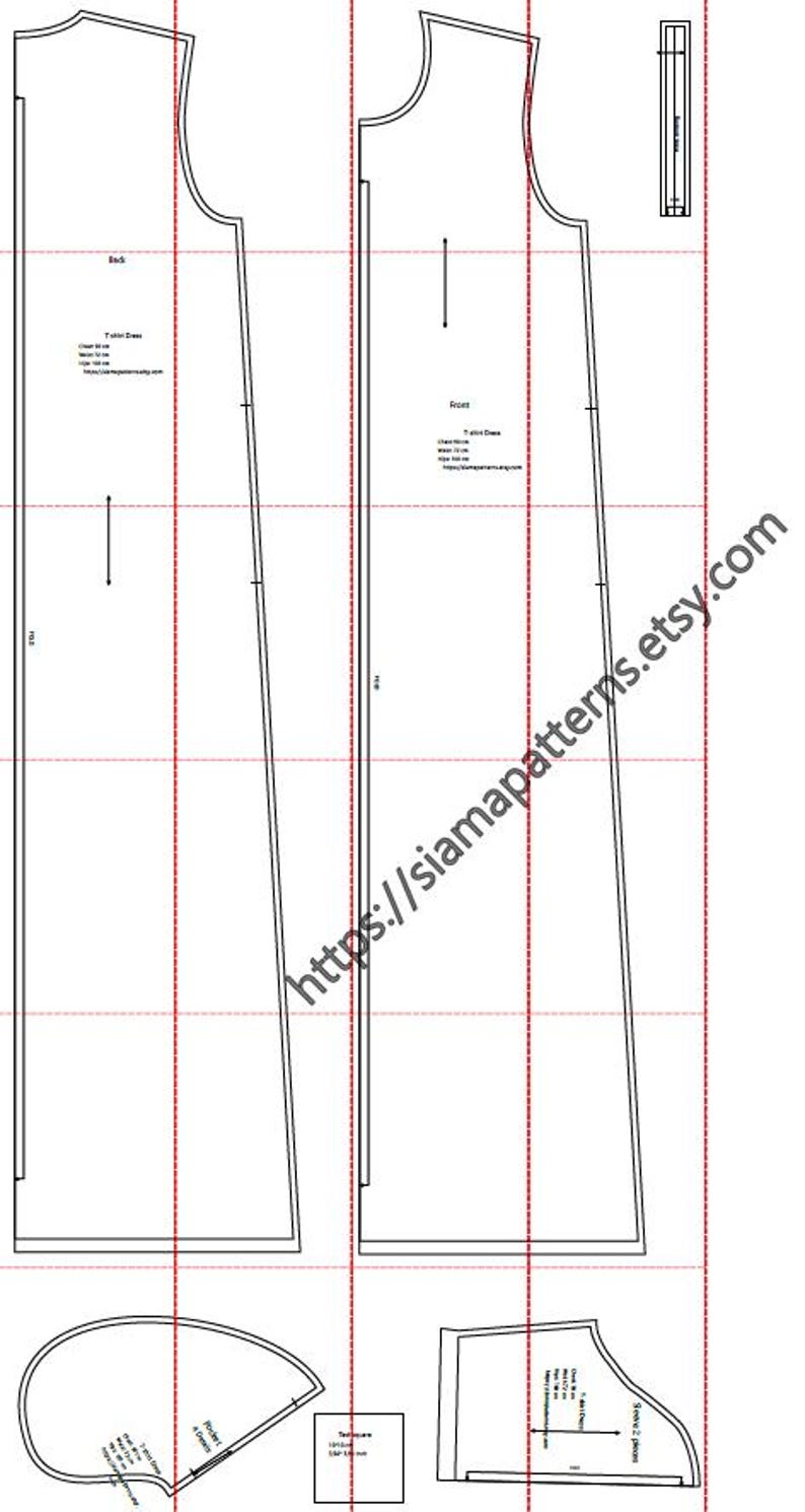 May include: A black and white line drawing of a T-shirt dress sewing pattern. The pattern includes the front, back, sleeve, and pocket pieces. The pattern includes measurements in centimetres and the website address https://siamapatterns.etsy.com.