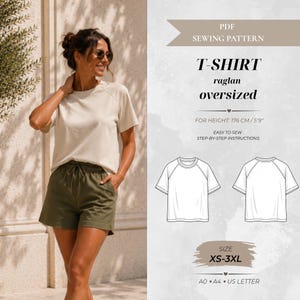 Pode incluir: Um molde de costura em PDF para uma t-shirt raglan oversize. O documento inclui instruções passo a passo, desenhos técnicos da frente e das costas da t-shirt e tamanhos de XS a 3XL para uma altura de 176 cm.