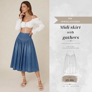 Könnte beinhalten: Ein blauer Jeans-Midirock mit hoher Taille und gerafften Details. Der Text auf dem Bild lautet: PDF SEWING PATTERN, Midi skirt with gathers, FOR HEIGHT: 160 CM / 5'3", EASY TO SEW STEP-BY-STEP INSTRUCTIONS, SIZE XS-3XL, A0 A4 US LETTER.