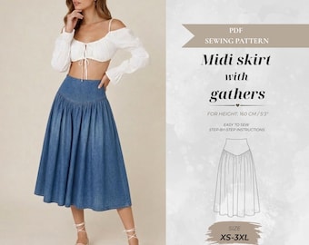 May include: A blue denim midi skirt with a high waist and gathered detailing. The text on the image reads: PDF SEWING PATTERN, Midi skirt with gathers, FOR HEIGHT: 160 CM / 5'3", EASY TO SEW STEP-BY-STEP INSTRUCTIONS, SIZE XS-3XL, A0 A4 US LETTER.