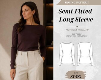 Women’s Boat Neck Semi-Fitted Long Sleeve Top Sewing Pattern, Tall Fit 176 cm (Instant Download)