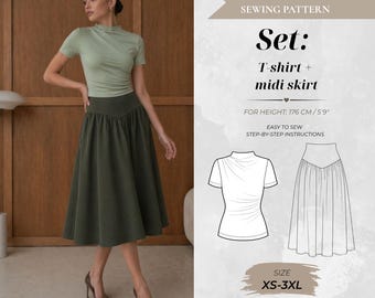 Sewing Pattern Bundle – Draped Tshirt & Gathered Midi Skirt, Tall Fit 176 cm (Instant Download)