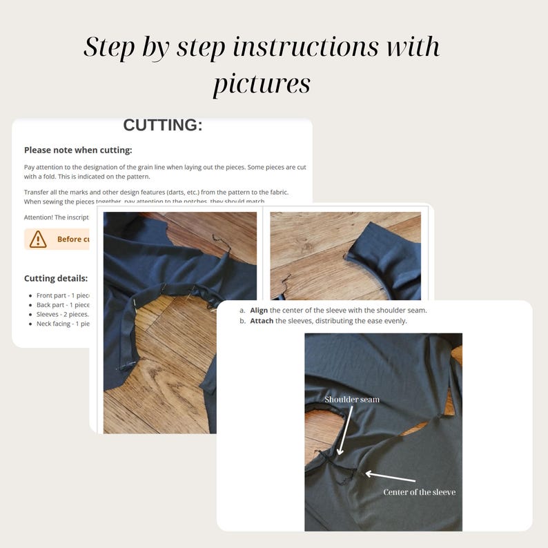 May include: Image showing sewing instructions with the text "Step by step instructions with pictures." The instructions include cutting details and steps for attaching sleeves to a garment. The image features close-up photos of the sewing process.