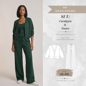 May include: A PDF sewing pattern set for a cardigan and pants. The image displays a dark green cardigan and matching wide-leg pants with a drawstring waist. Technical line drawings of the garments are included with text for height 5'9 and size XS-3XL.
