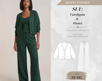 Women’s Knit Set Sewing Pattern: Cropped Button-Up Cardigan & High-Waisted Wide-Leg Pants, Tall Fit 176 cm (Instant Download)