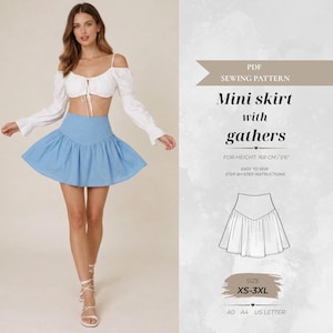 Puede incluir: Un patrón de costura en PDF para una minifalda con frunces. El texto incluye "PDF SEWING PATTERN", "Mini skirt with gathers", "FOR HEIGHT: 168 CM / 5'6"", "EASY TO SEW STEP-BY-STEP INSTRUCTIONS", "SIZE XS-3XL" y "A0 A4 US LETTER".