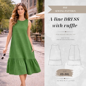 Peut inclure: Un patron de couture PDF pour une robe trapèze à volant, avec le texte A-line DRESS with ruffle, FOR HEIGHT: 160 CM / 5'3" et SIZE XS-3XL. L'image présente un dessin technique de la robe et indique les formats A0, A4 et US letter.