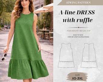 May include: A PDF sewing pattern for an A-line dress with a ruffle, featuring text that reads A-line DRESS with ruffle, FOR HEIGHT: 160 CM / 5'3", and SIZE XS-3XL. The image includes a line drawing of the dress and indicates A0, A4, and US letter formats.